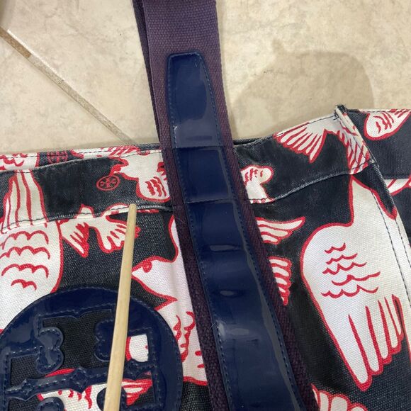 Tory Burch Purse Tote shopper Bag Birds Logo, Canvas & Patten Leather blk/navy - Picture 10 of 10